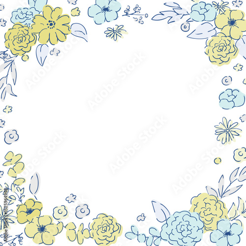 線画の草木。ベクターで描いた草木の花束イラストフレーム。シンプル草木グラフィック。Line drawing grass and trees. Vector drawn grass and trees bouquet illustration frame. Simple grass and trees graphic.
