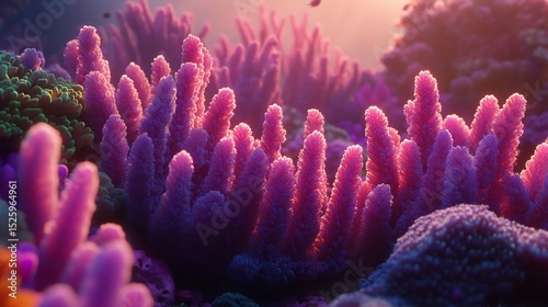 Vibrant coral reef scene at sunset, showcasing diverse coral formations and colors