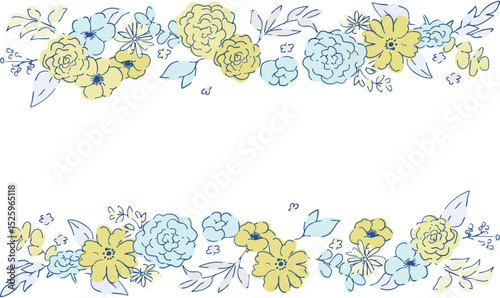 線画の草木。ベクターで描いた草木の花束イラストフレーム。シンプル草木グラフィック。Line drawing grass and trees. Vector drawn grass and trees bouquet illustration frame. Simple grass and trees graphic.
