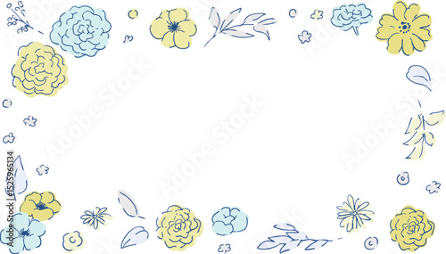 線画の草木。ベクターで描いた草木の花束イラストフレーム。シンプル草木グラフィック。Line drawing grass and trees. Vector drawn grass and trees bouquet illustration frame. Simple grass and trees graphic.