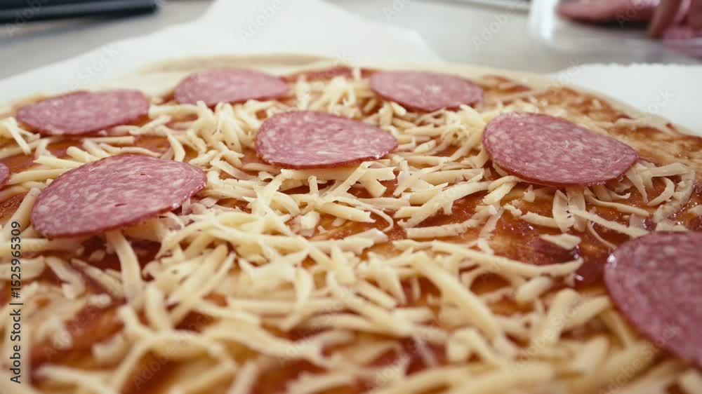 A cook prepares a homemade pizza by adding layers of sauce, cheese, and slices of salami in a bright and clean kitchen. The activity showcases culinary skills and creativity. A cook prepares a homemade pizza by adding layers of sauce, cheese, and slices of salami in a bright and clean kitchen. The activity showcases culinary skills and creativity.