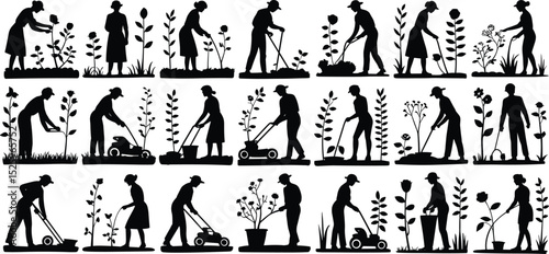 Gardening people silhouette vector illustration, women and men gardening, mowing grass, planting flowers, outdoor activity scene, black vector artwork