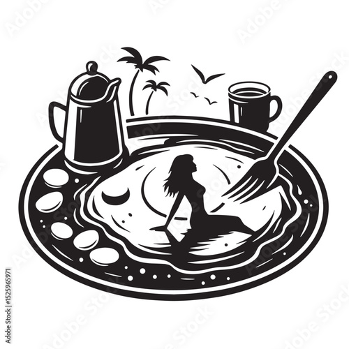Surreal Breakfast Scene with Woman in Fried Egg and Tropical Elements
