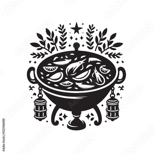 Traditional Kuali or Wok with Ingredients and Decorations Illustration