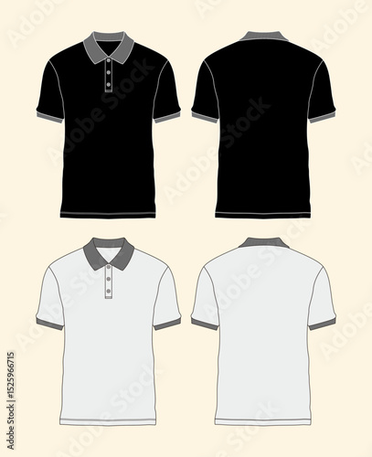 Polo Shirt Mock-up technical fashion illustration template. Shirt fashion flat technical drawing template, short sleeve, polo collar, buttons, relaxed fit, front n back view, CAD mockup line art