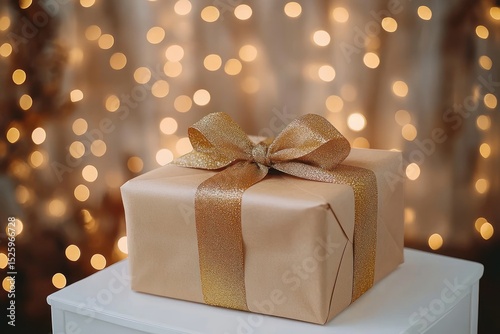 elegant gift box wrapped in shimmery gold paper with glittering gold ribbon bow with warm glowing bokeh lights background