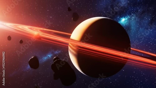 Ringed planet backlit by glowing light surrounded by orbiting asteroids in cosmic deep space. Sci-fi concept
 photo