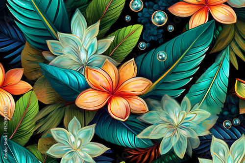 Vibrant tropical jungle pattern with flowers and crystals