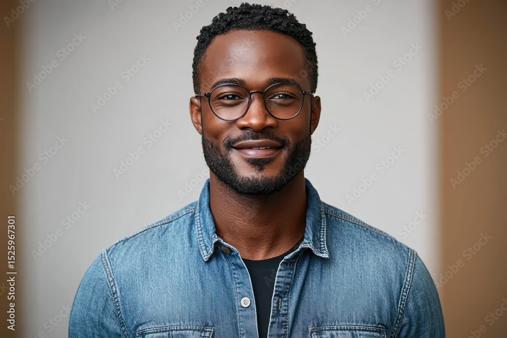 Fototapeta premium Confident smiling man with glasses wearing a denim shirt over black t-shirt posing against a neutral background