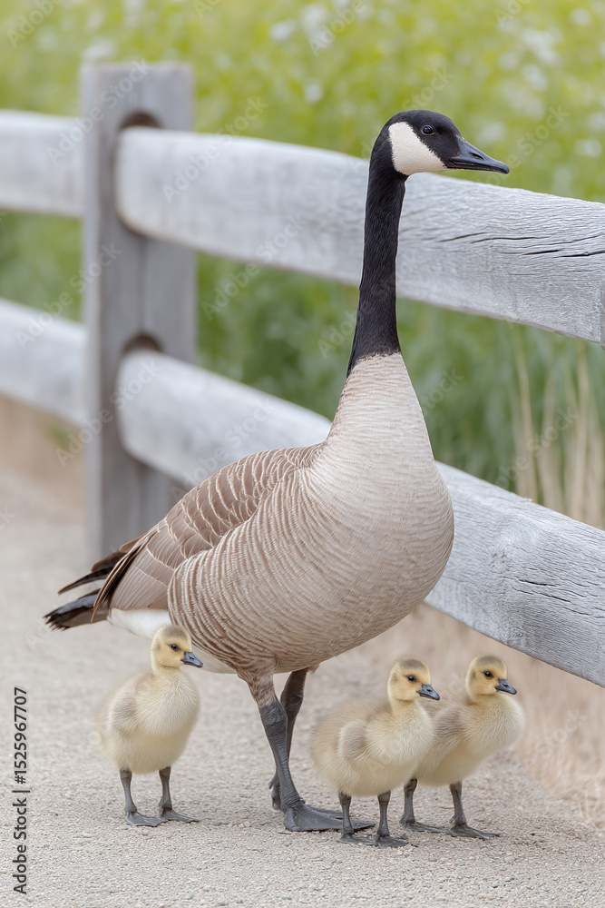 Fototapeta premium Canada Goose Family by a Wooden Fence