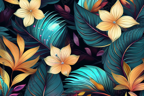 Magical night jungle seamless pattern with glowing tropical flowers