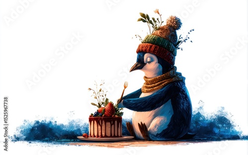 Cute penguin with cake