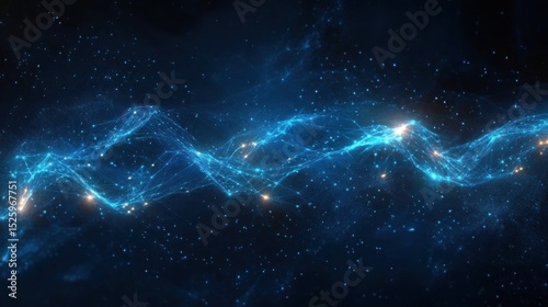 Abstract blue glowing wave of interconnected particles and lines resembling a digital data stream or neural network against a dark starry background