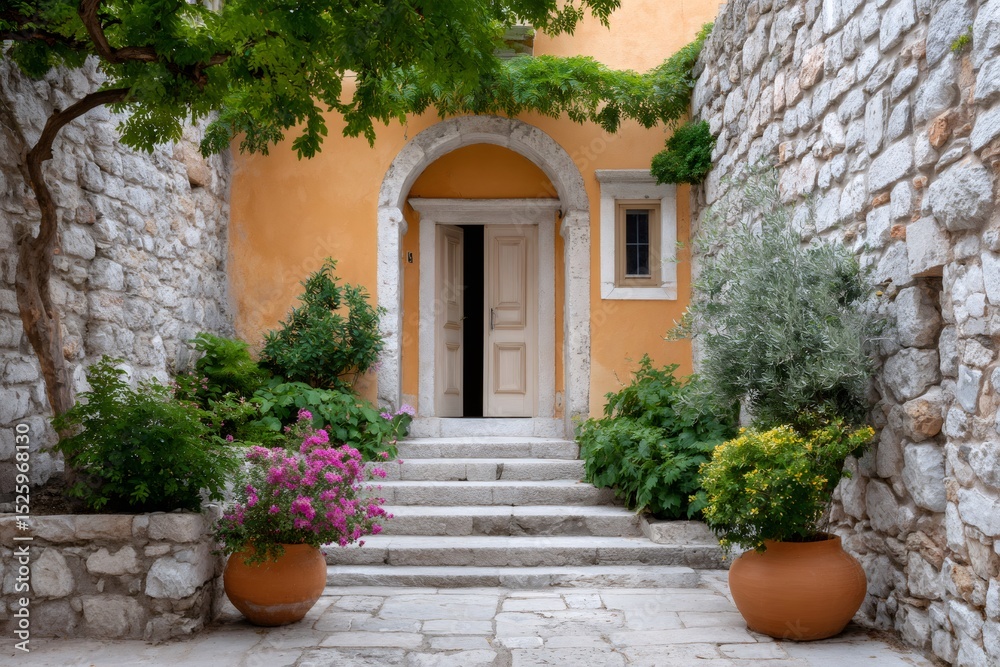 Naklejka premium Open door of traditional mediterranean house inviting to enter