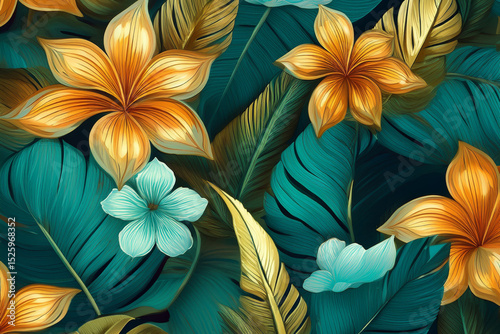 Magical night jungle seamless pattern with glowing tropical flowers