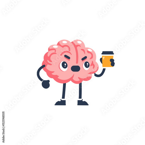 Smiling pink brain cartoon with coffee mug, Cute pink brain character holding a steaming coffee mug and smiling confidently, symbolizing energy, alertness, and morning routine.

