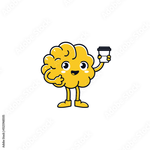 Happy yellow brain cartoon holding coffee cup, Cute yellow brain character smiling with a thumbs up and holding a coffee cup, symbolizing energy, focus, and motivation.

