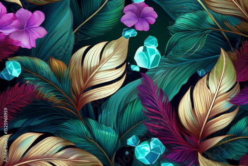 Vibrant tropical jungle pattern with flowers and crystals