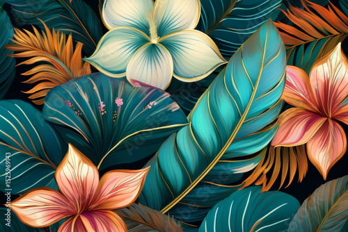 Luxury tropical seamless pattern with gold line art
