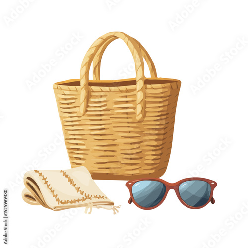 Straw Bag Sunglasses Towel illustration vector 2D flat, isolated on a white background.