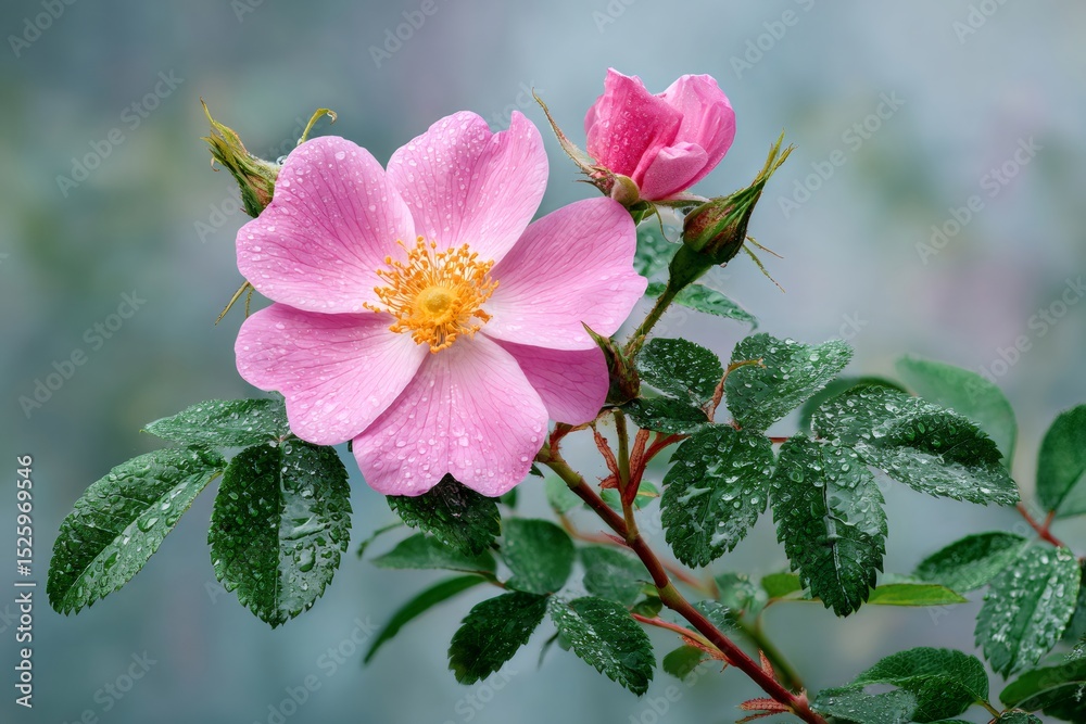 Fototapeta premium Pink rose flower blooming after the rain with water drops