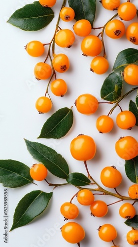 Vibrant orange berries and glossy green leaves arranged artfully on a white background