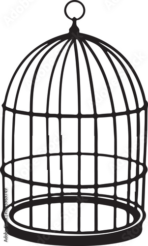 Vintage Empty Bird Cage Isolated on White Background – Black Wireframe Dome-Shaped Aviary Illustration
