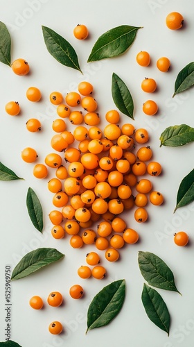 Vibrant orange berries scattered with green leaves on a white background, forming an appealing visual arrangement