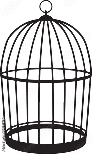 Vintage Empty Bird Cage Isolated on White Background – Black Wireframe Dome-Shaped Aviary Illustration