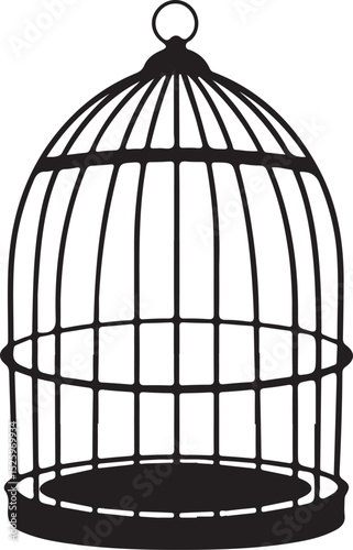 Vintage Empty Bird Cage Isolated on White Background – Black Wireframe Dome-Shaped Aviary Illustration