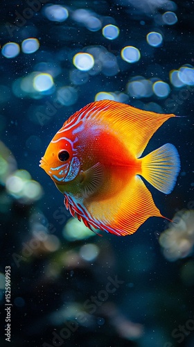Vibrant orange discus fish swims in dark aquarium water, blurred background