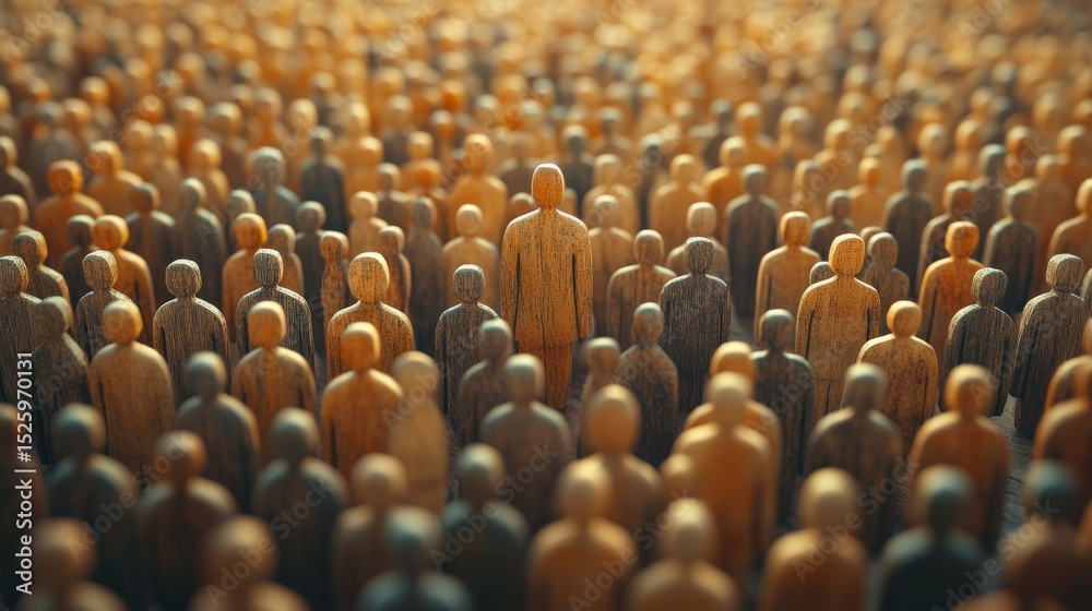 Fototapeta premium Wooden figures standing in a crowd, one standing out