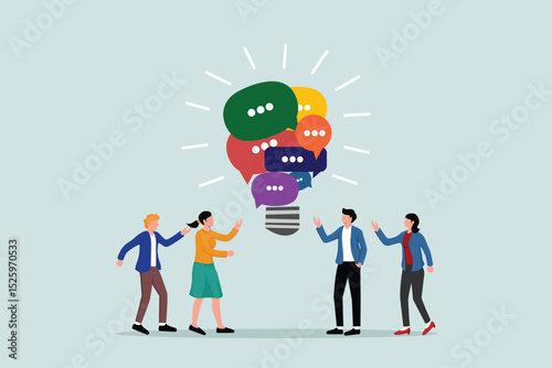 Effective communication, meeting discussion or conversation solution, speaking or conveying intelligence information, team opinion, new idea concept, discus with light bulb speech 