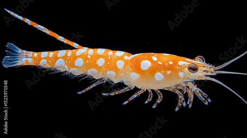 Vibrant orange shrimp with white spots, detailed view against black background, showcasing its delicate appendages and unique pattern