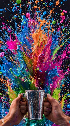Vibrant paint explosion erupting from a metallic cup held by hands against a dark backdrop