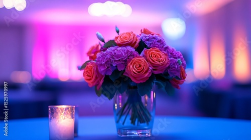 Vibrant pink and orange roses in a glass vase, illuminated by purple and pink ambient lighting, sitting on a table with a candle