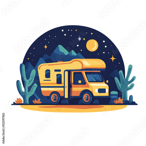 2D flat Starry Skies Desert Campground vector illustration, isolated on a white background.