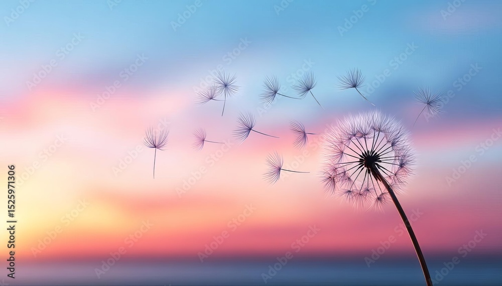 Fototapeta premium A dandelion blowing in the sunset, creating a calming atmosphere.