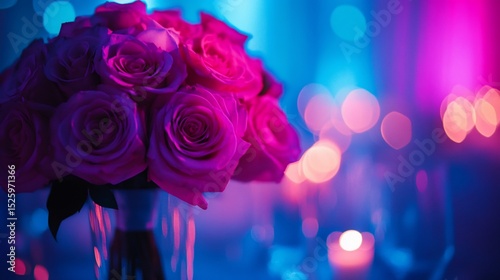 Vibrant pink rose bouquet in a glass vase, illuminated by colorful, blurred lights