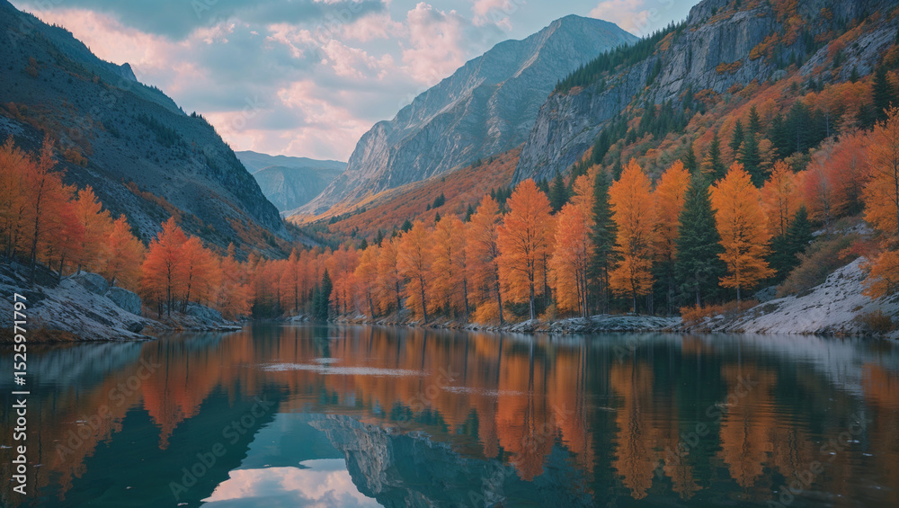 Obraz premium Autumn foliage reflected in a lake surrounded by mountains and a cloudy sky above the landscape