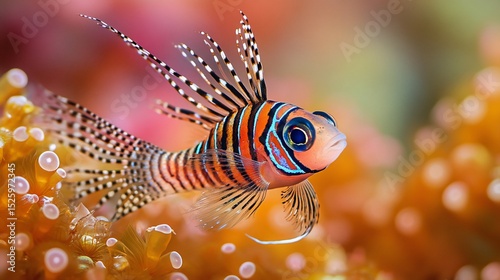 Vibrant, small fish with intricate patterns swims amidst orange coral polyps in underwater scene