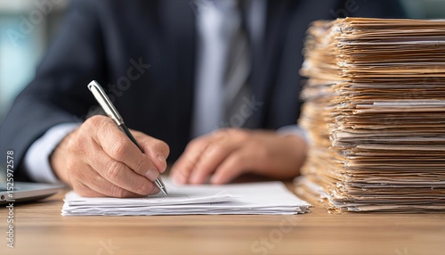 A business professional signing papers with a stack of documents.
