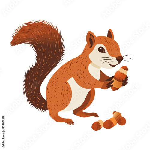 Squirrel Gathering Acorns Quickly 2D flat vector illustration, isolated on a white background.