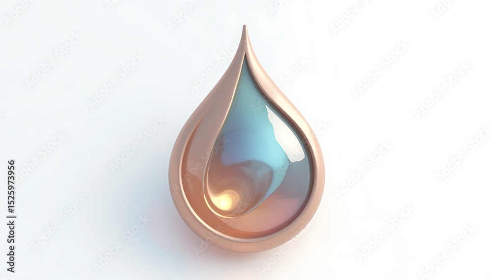 Fototapeta premium Shiny Water Drop with Iridescent Fill and Rose Gold Border on White