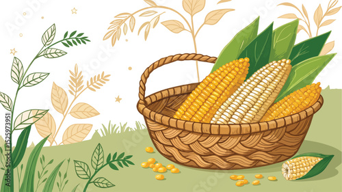 Corn cob in basket in natural background, Corn Illustration vector design, Corn Kernels vector design