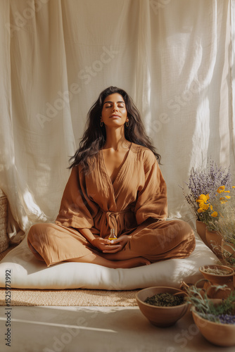 Woman meditating indoors in natural light, wearing earth-tone robe, holding Ayurvedic oil, surrounded by dried herbs and flowers. Mindfulness, wellness and holistic self-care concept.