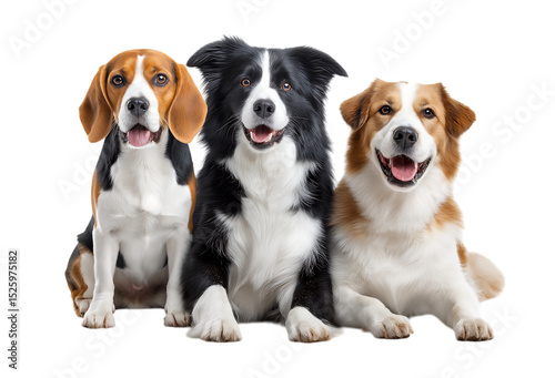 A group of dogs are sitting together with adorable expressions isolated on a transparent  background