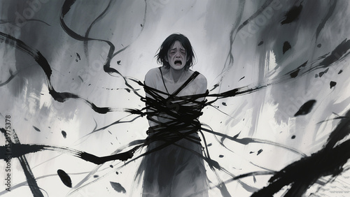 The ink wash style of trapped characters represents the mental constraints brought by PTSD, and is suitable for psychological art expression and trauma education scenarios.