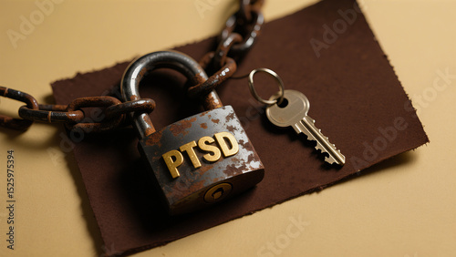 Locks, keys, and PTSD represent the psychological confinement and healing potential of PTSD, and are suitable for psychological therapy and public welfare promotion scenarios.
