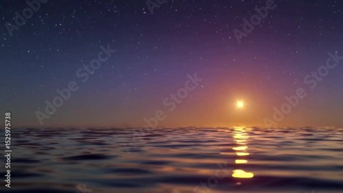 Starry ocean with sunset glow and calm water reflection.